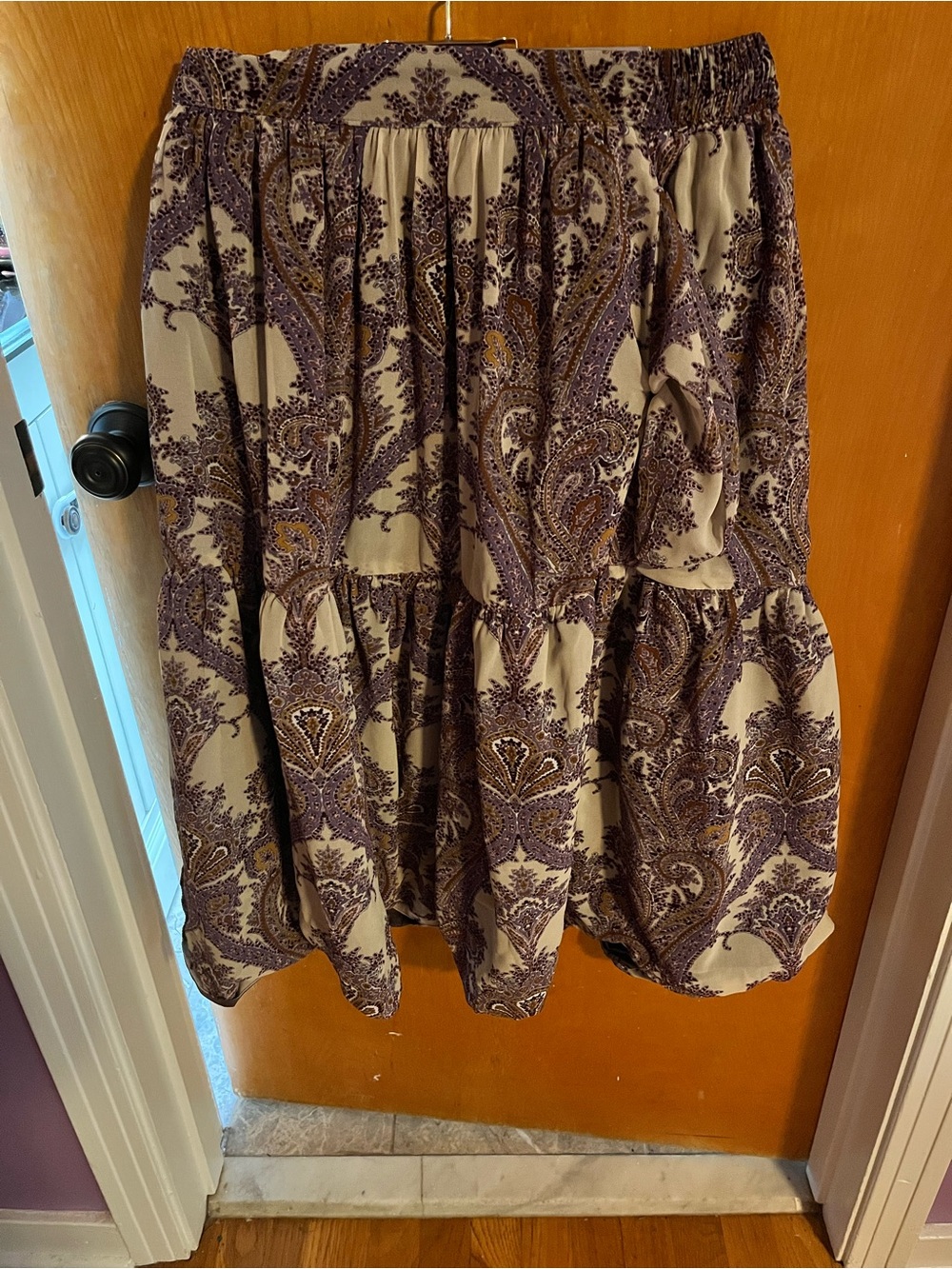 Buru Women’s Tiered Midi Skirt in Cream with Purple Paisley Print